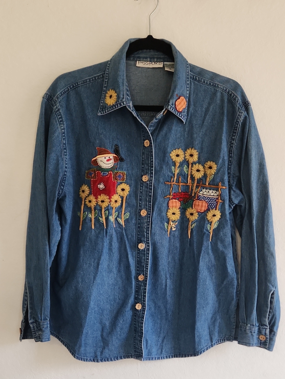 Vintage 90s  Passports Denim Shirt Medium Harvest Fall Vibes Embroidered Size M
